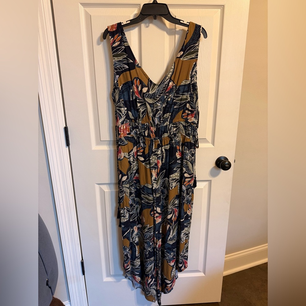 New Directions Navy Tropical Print Wide Leg Capri Jumpsuit with Mustard Accent